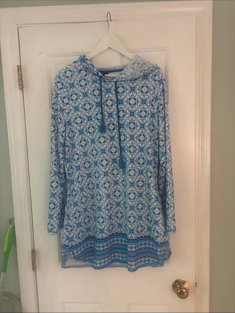 Hooded Blue Tile-Print Swim Coverup Tunic